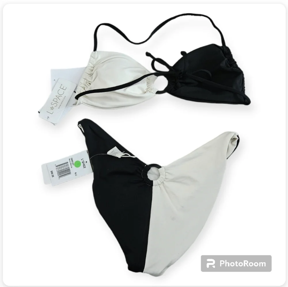 L*Space Freddie Mercury Colorblock Ring Bikini Set Black Cream S NWT